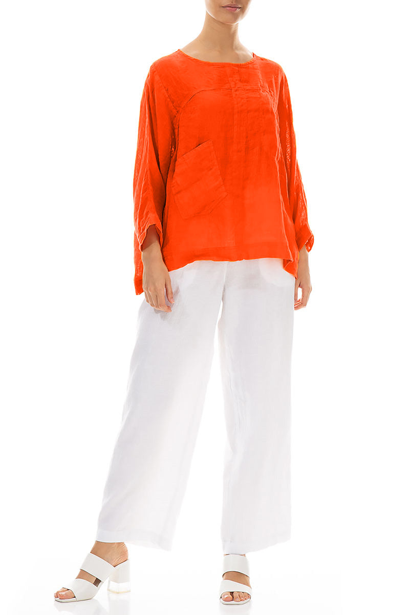 Boxy Flame Orange Gauze Linen Blouse