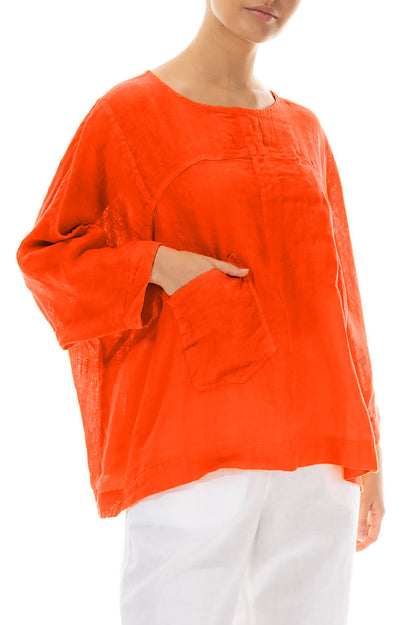 Boxy Flame Orange Gauze Linen Blouse