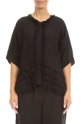 Boxy Frayed Edge Black Gauze Linen Blouse 1