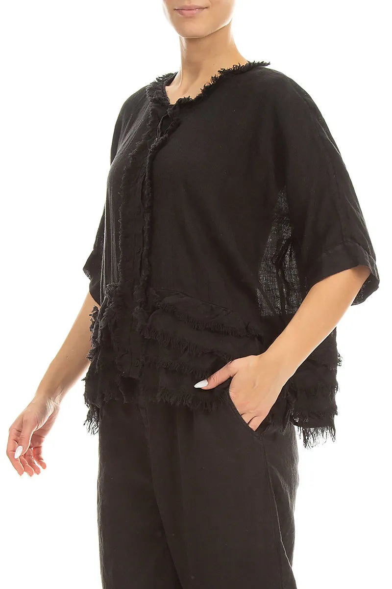 Boxy Frayed Edge Black Gauze Linen Blouse 3
