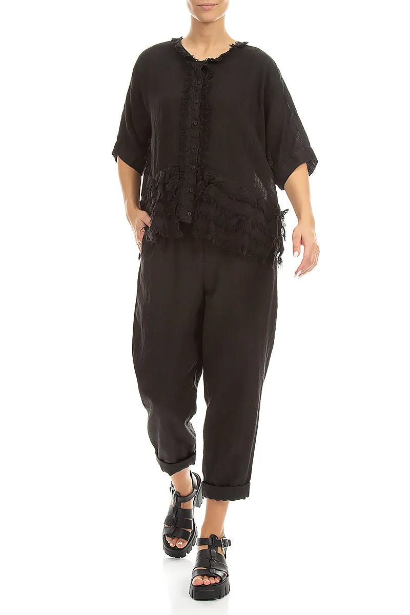 Boxy Frayed Edge Black Gauze Linen Blouse 4