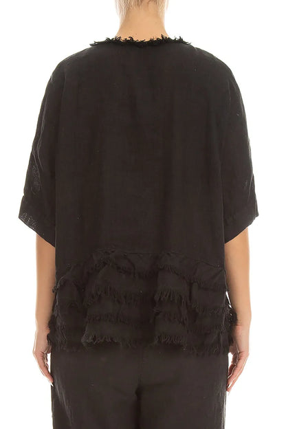 Boxy Frayed Edge Black Gauze Linen Blouse 2