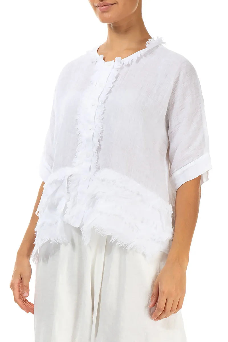 Boxy Frayed Edge White Gauze Linen Blouse 3