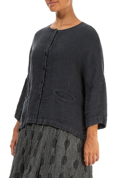 Boxy Graphite Textured Linen Jacket Blouse 4