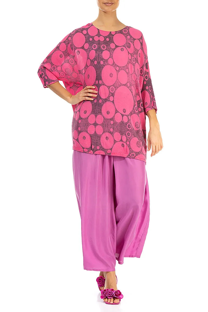 Blouse ample en soie et viscose à cercles rose vif