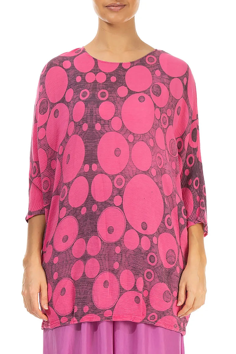 Blouse ample en soie et viscose à cercles rose vif