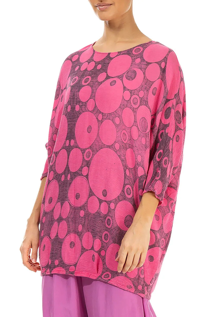 Blouse ample en soie et viscose à cercles rose vif