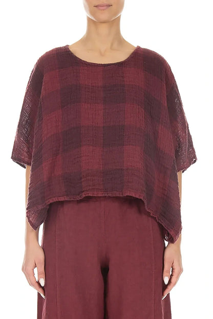 Boxy Large Check Antique Ruby Gauze Linen Blouse