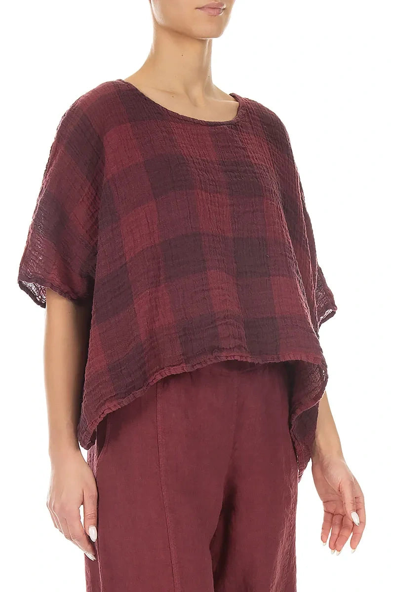 Boxy Large Check Antique Ruby Gauze Linen Blouse