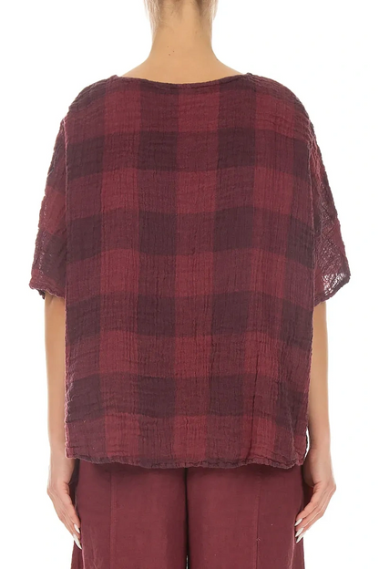 Boxy Large Check Antique Ruby Gauze Linen Blouse