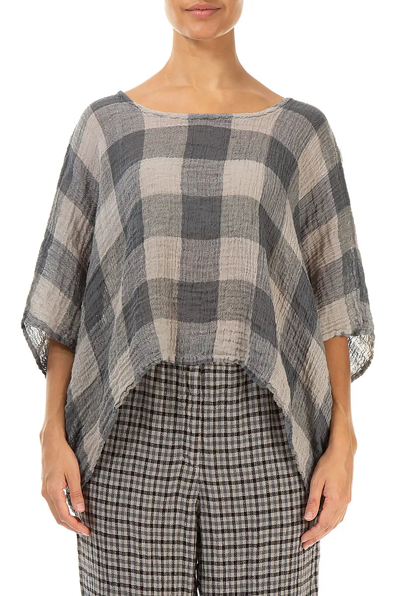 Boxy Large Check Beige Gauze Linen Blouse 1