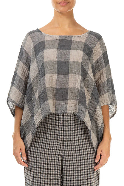 Boxy Large Check Beige Gauze Linen Blouse 1