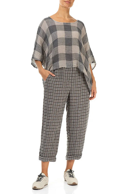 Boxy Large Check Beige Gauze Linen Blouse 4