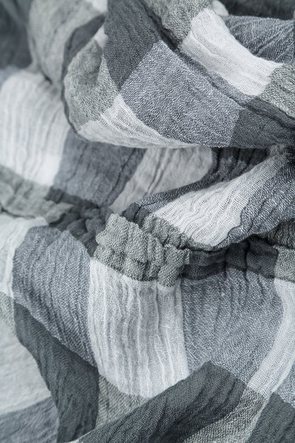 Chemisier carré en gaze de lin blanc à grands carreaux