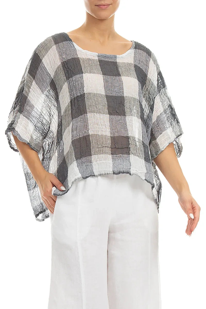 Chemisier carré en gaze de lin blanc à grands carreaux