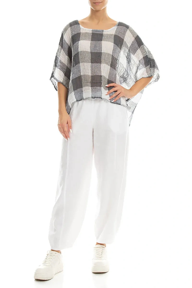 Chemisier carré en gaze de lin blanc à grands carreaux