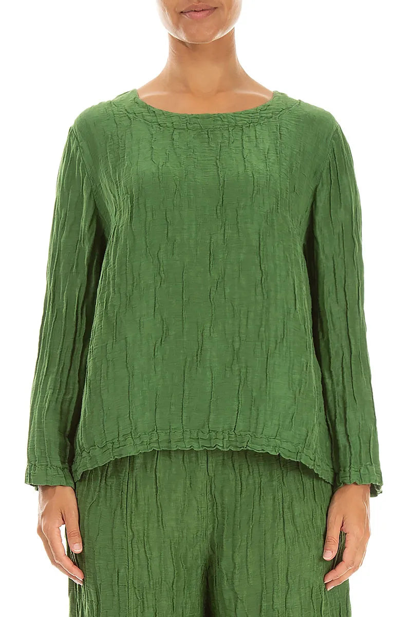 Boxy Shamrock Green Crinkled Silk Linen Blouse 1