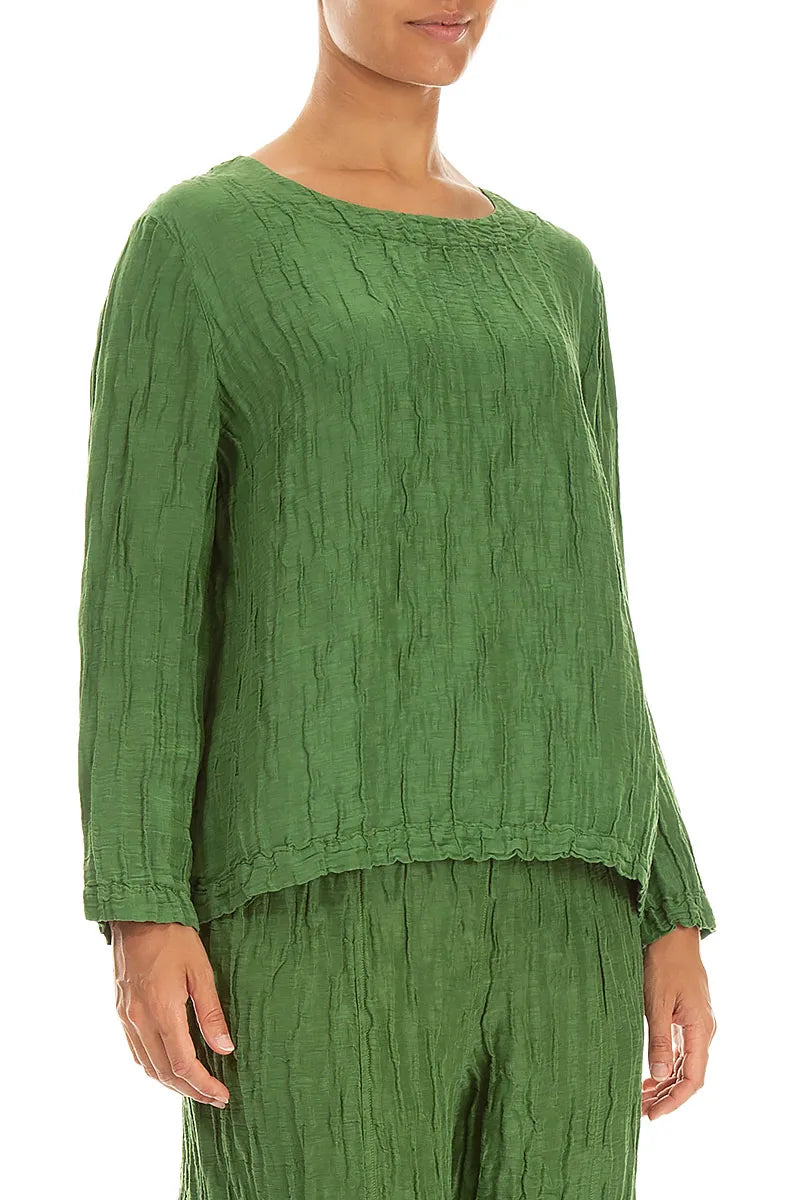 Boxy Shamrock Green Crinkled Silk Linen Blouse 3