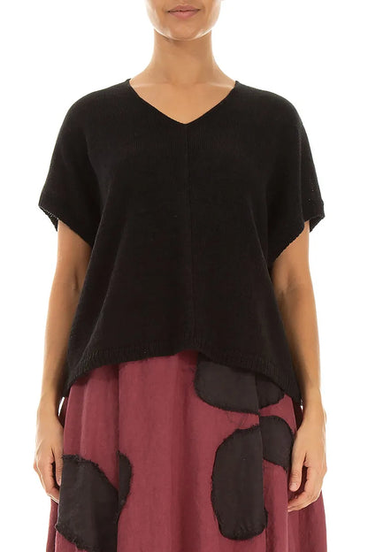 Boxy V-Neck Black Linen Vest