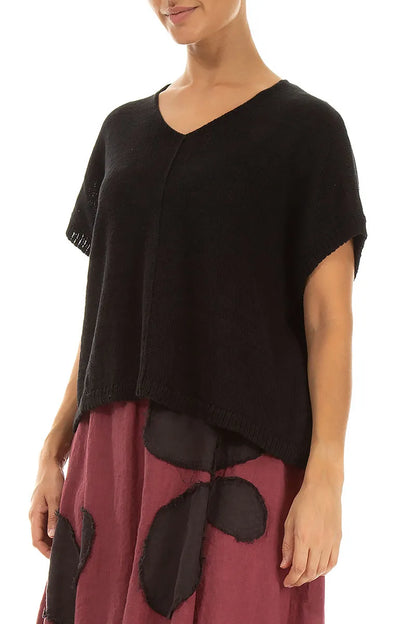 Boxy V-Neck Black Linen Vest