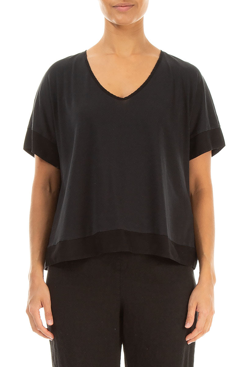 Boxy V-Neck Black Silk Cotton Blouse 1