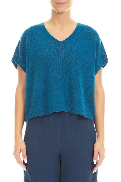 Boxy V-Neck Cobalt Blue Linen Vest 1