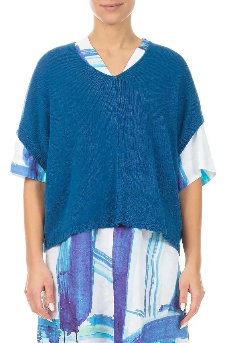 Boxy V-Neck Cobalt Blue Linen Vest