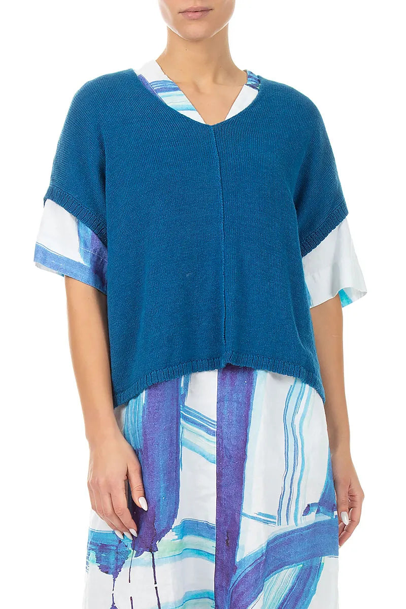 Boxy V-Neck Cobalt Blue Linen Vest
