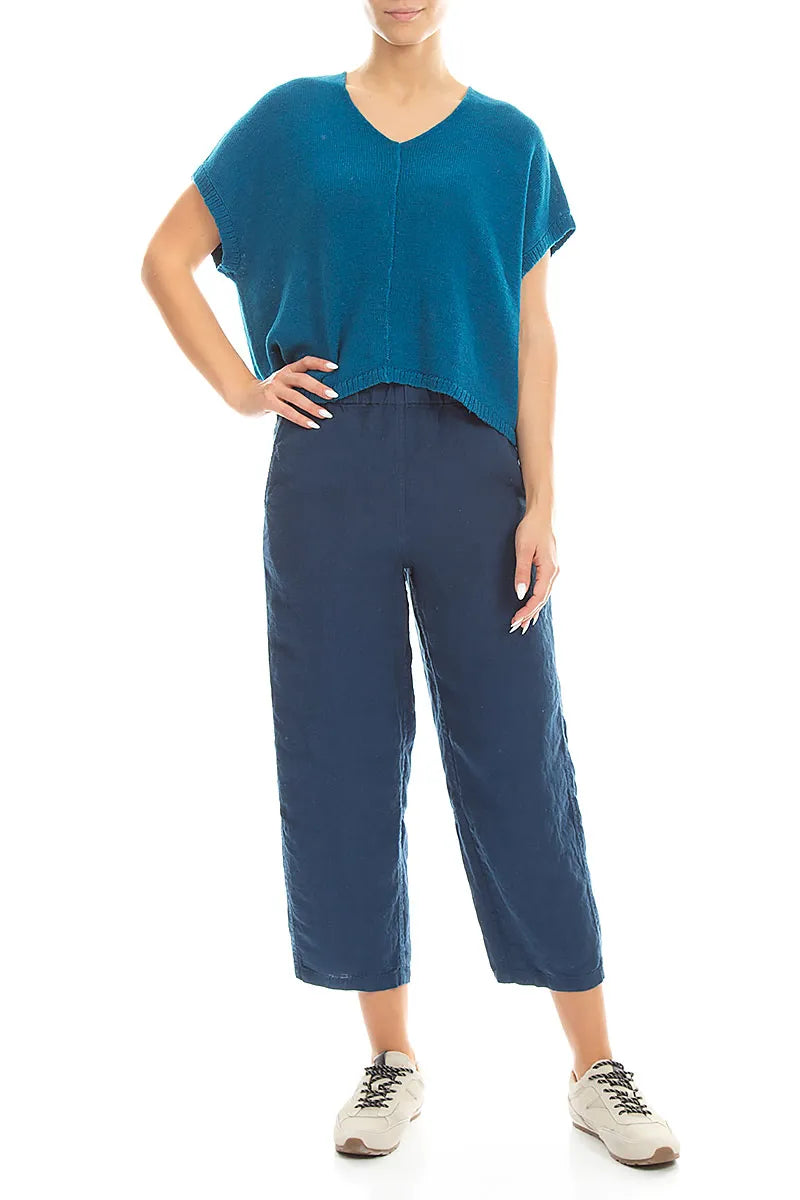 Boxy V-Neck Cobalt Blue Linen Vest 4