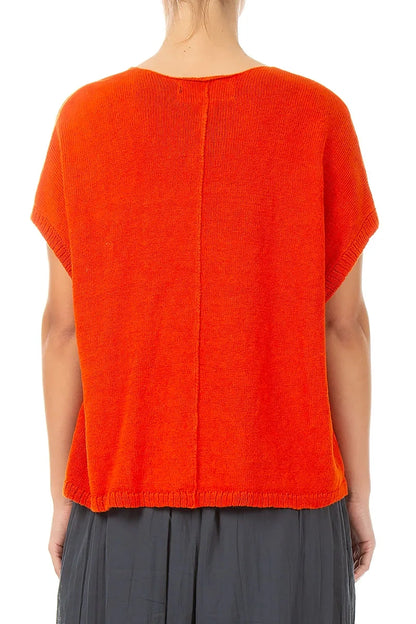 Gilet en lin orange flammé à col en V coupe droite