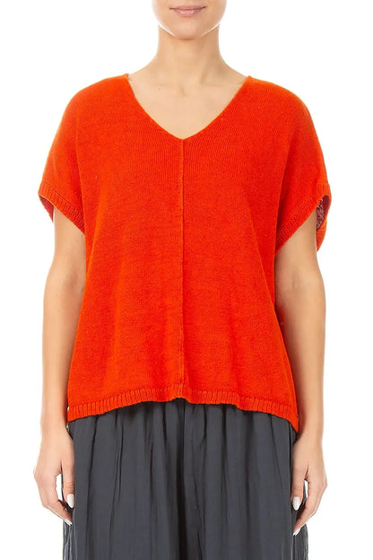 Gilet en lin orange flammé à col en V coupe droite