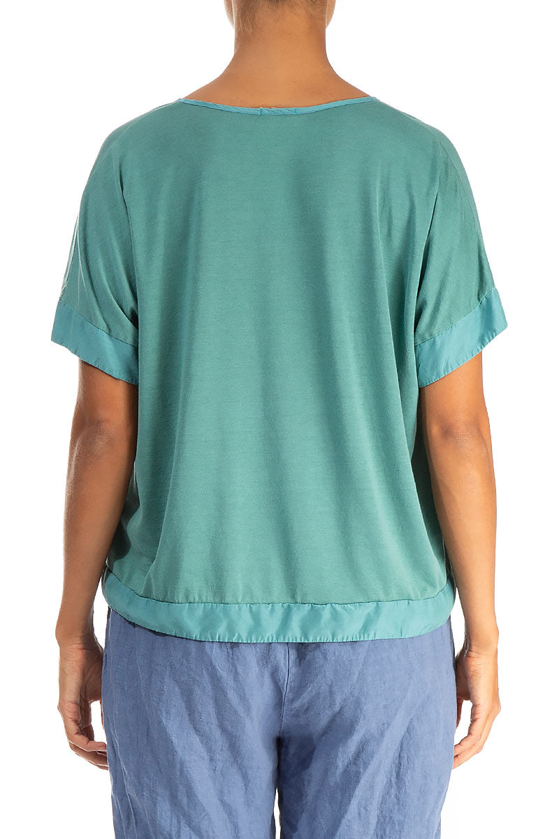 Boxy V-Neck Turquoise Silk Cotton Blouse 2