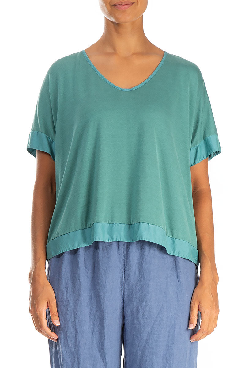 Boxy V-Neck Turquoise Silk Cotton Blouse 1