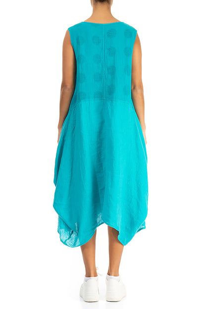 Bubble Patterned Asymmetric Turquoise Linen Dress 2