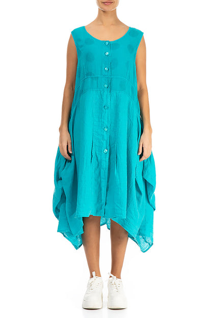 Bubble Patterned Asymmetric Turquoise Linen Dress 1