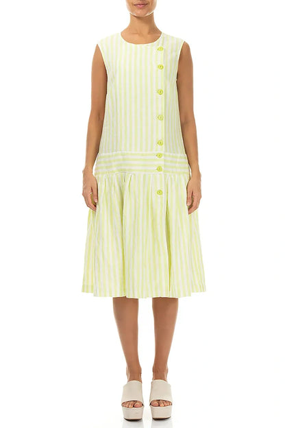 Button Detail Lime Striped Linen Dress 1