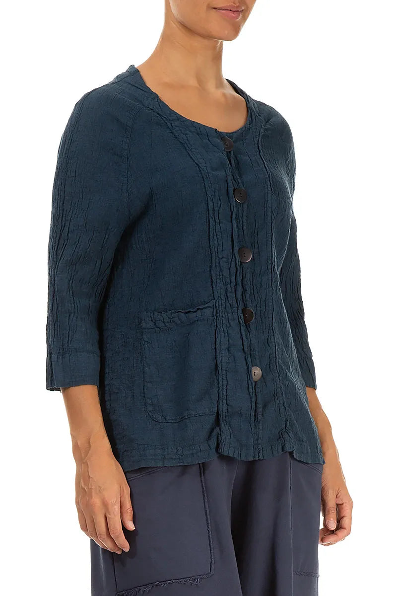 Button Front Royal Blue Linen Jacket 3