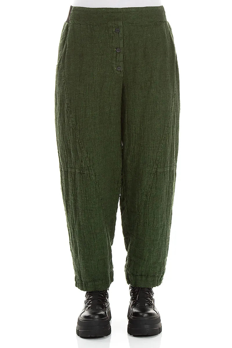 Pantalon en Lin mélangé Vert trèfle à boutons sur le devant