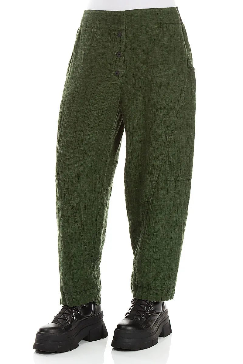 Pantalon en Lin mélangé Vert trèfle à boutons sur le devant