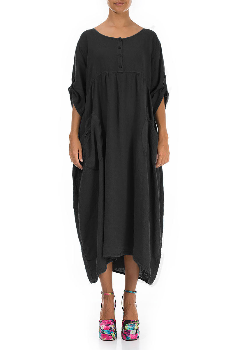 Buttoned Black Linen Dress 1