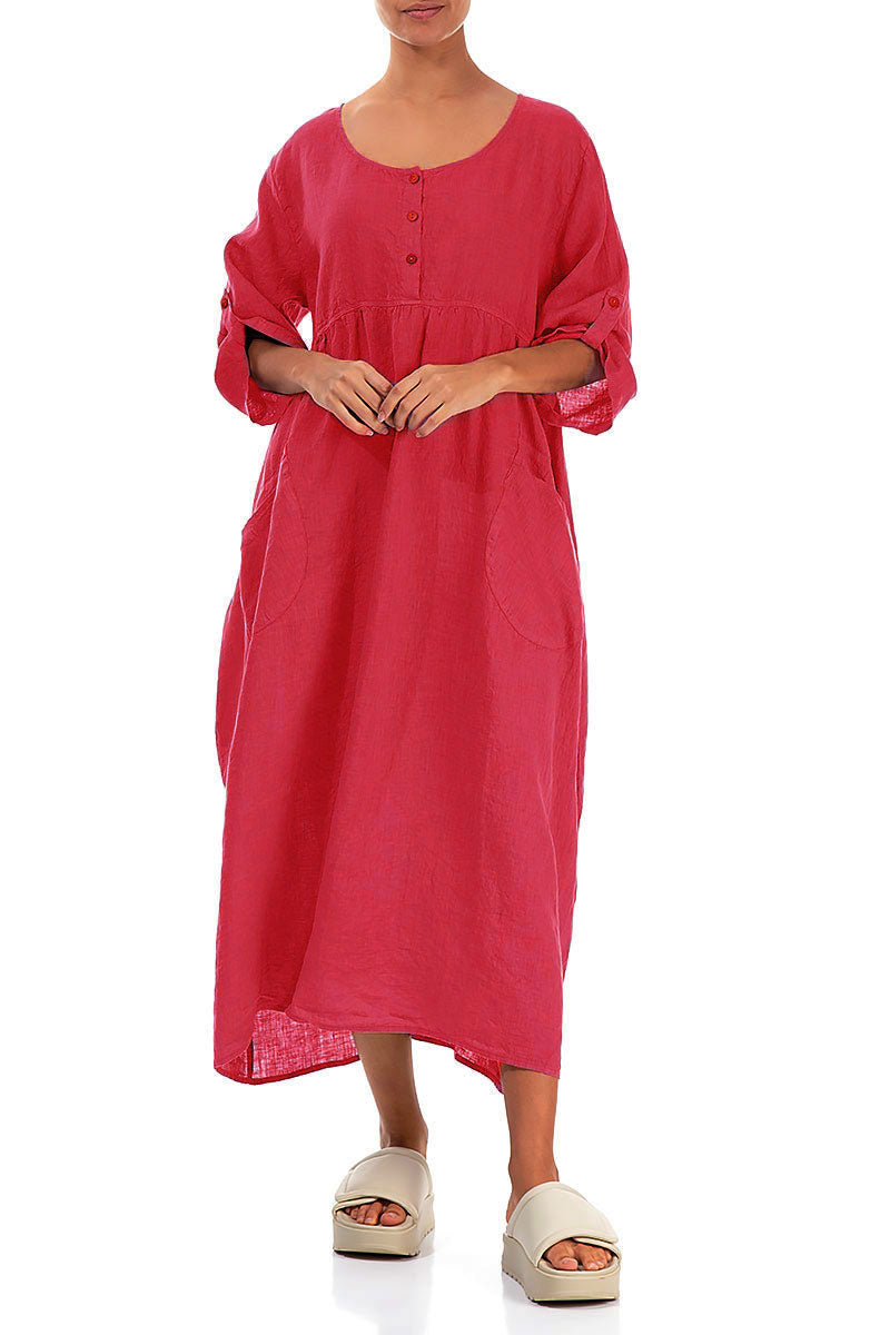 Buttoned Raspberry Linen Dress 4