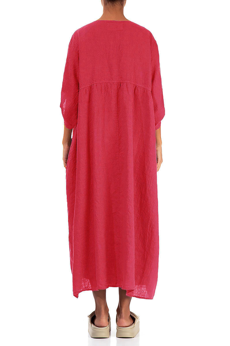 Buttoned Raspberry Linen Dress 2