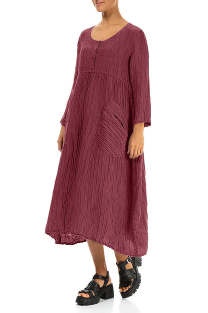 Buttoned Antique Ruby Crinkled Silk Linen Dress 3