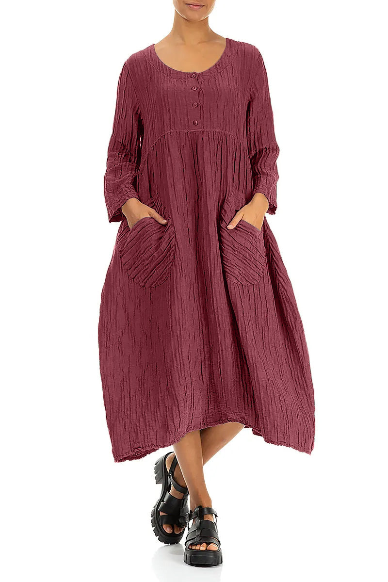 Buttoned Antique Ruby Crinkled Silk Linen Dress 4