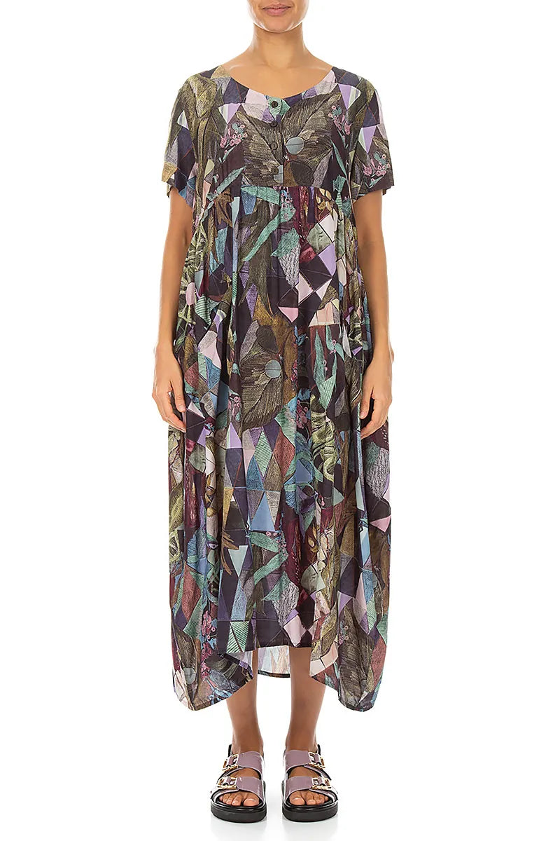 Buttoned Art Mosaic Silk Bamboo Dress