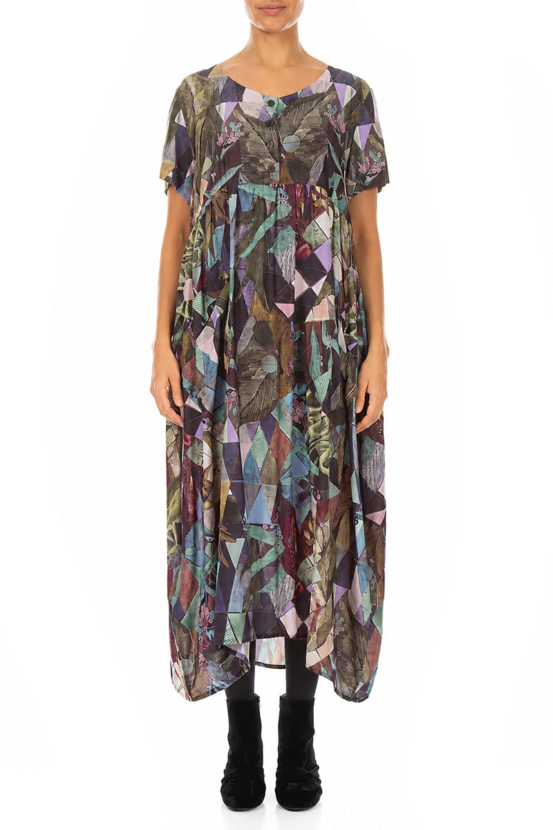 Buttoned Art Mosaic Silk Bamboo Dress 1