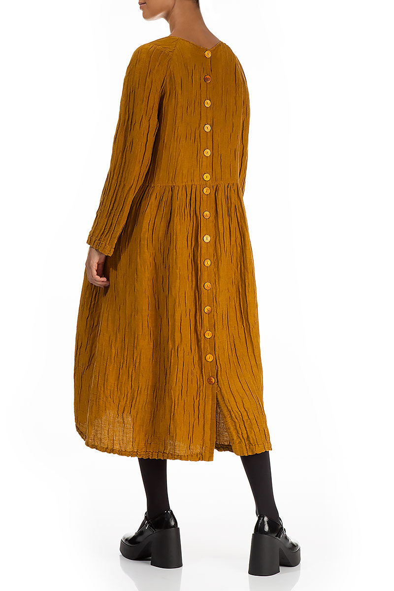 Buttoned Back Crinkled Honey Silk Linen Dress 3