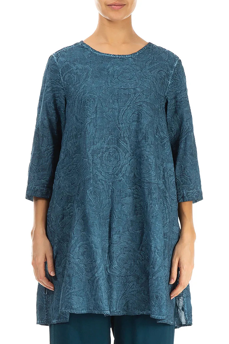 Buttoned Back Embroidered Denim Teal Cotton Tunic 1