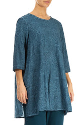 Buttoned Back Embroidered Denim Teal Cotton Tunic 3