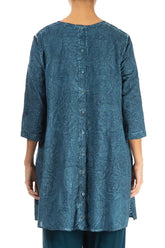 Buttoned Back Embroidered Denim Teal Cotton Tunic 2